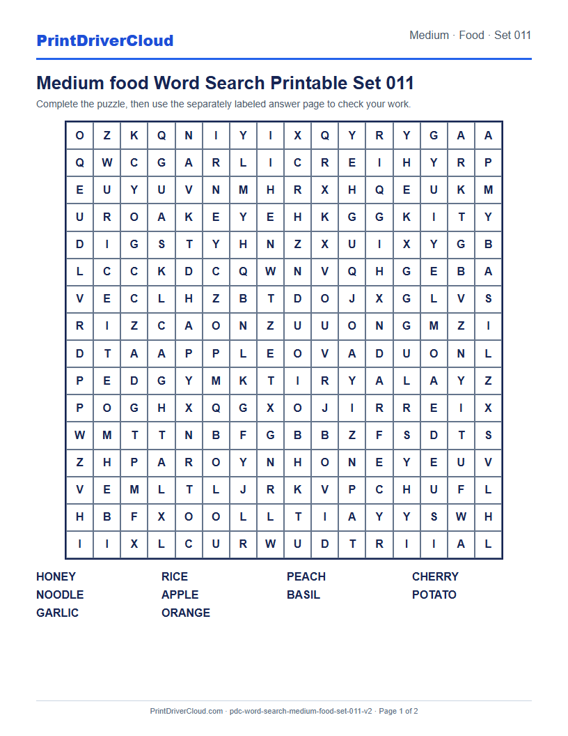 Medium Food Word Search Printable Set 011 preview