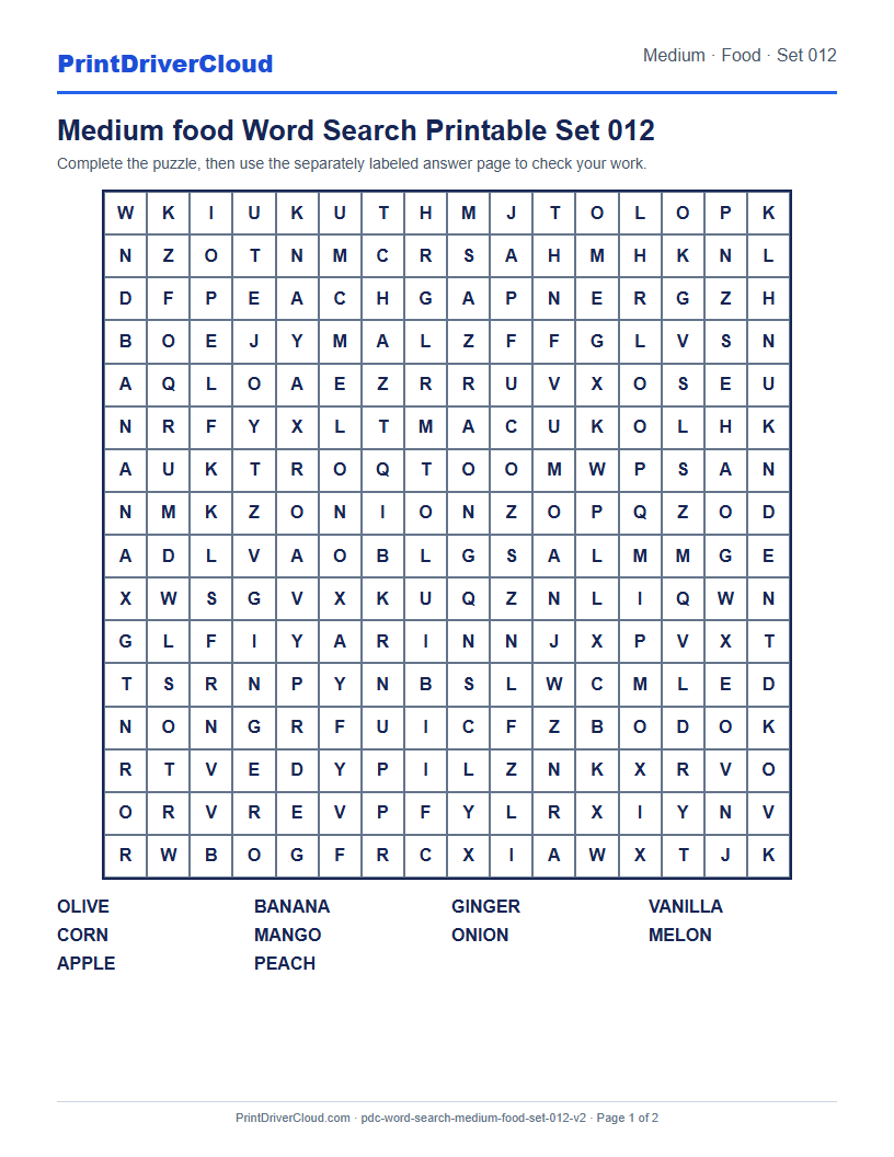 Medium Food Word Search Printable Set 012 preview