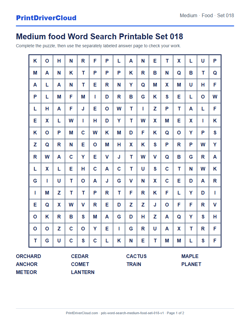 Preview of Medium food Word Search Printable Set 018