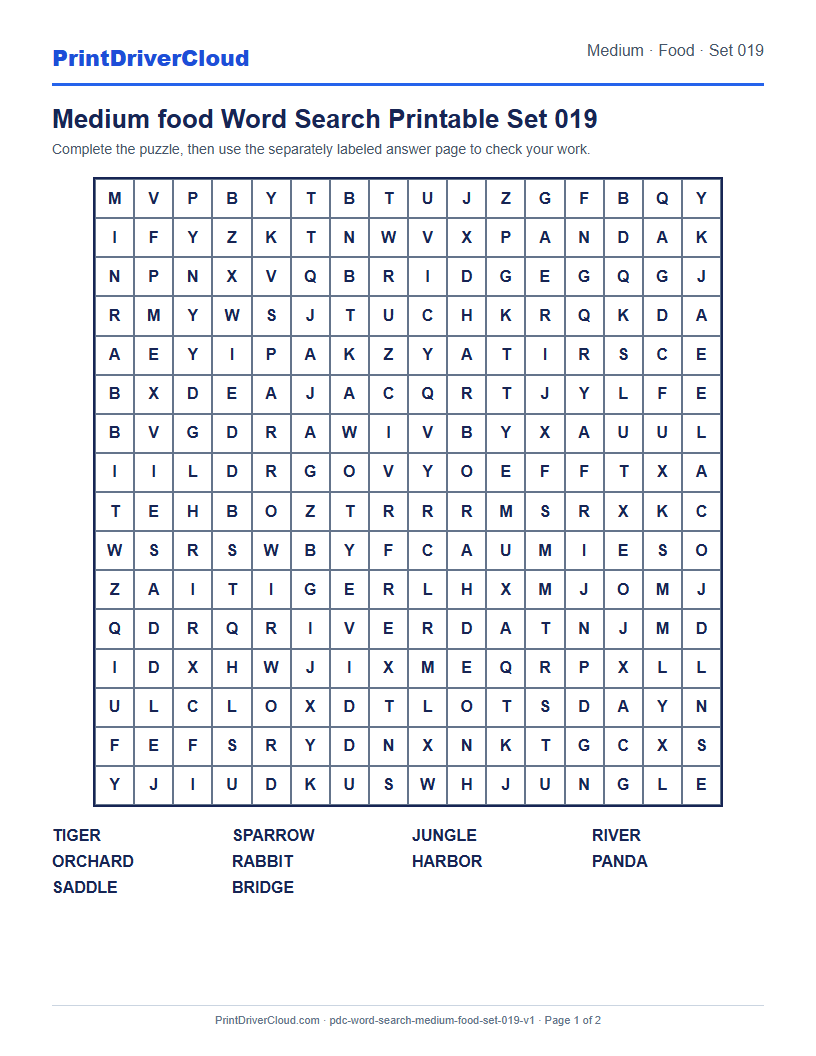 Preview of Medium food Word Search Printable Set 019