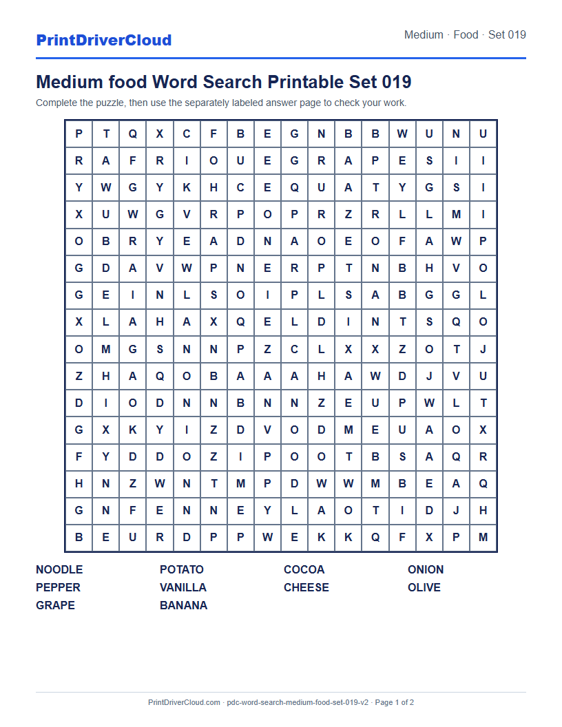 Medium Food Word Search Printable Set 019 preview