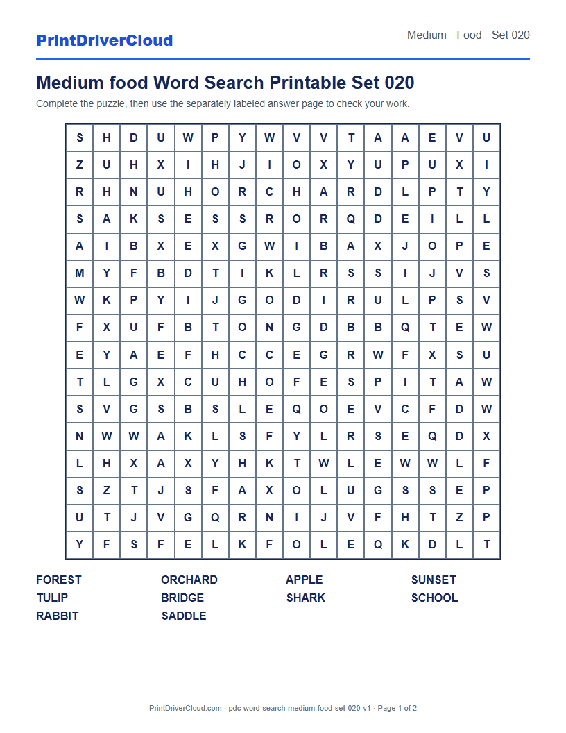 Preview of Medium food Word Search Printable Set 020