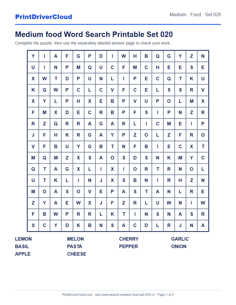 Medium Food Word Search Printable Set 020 preview