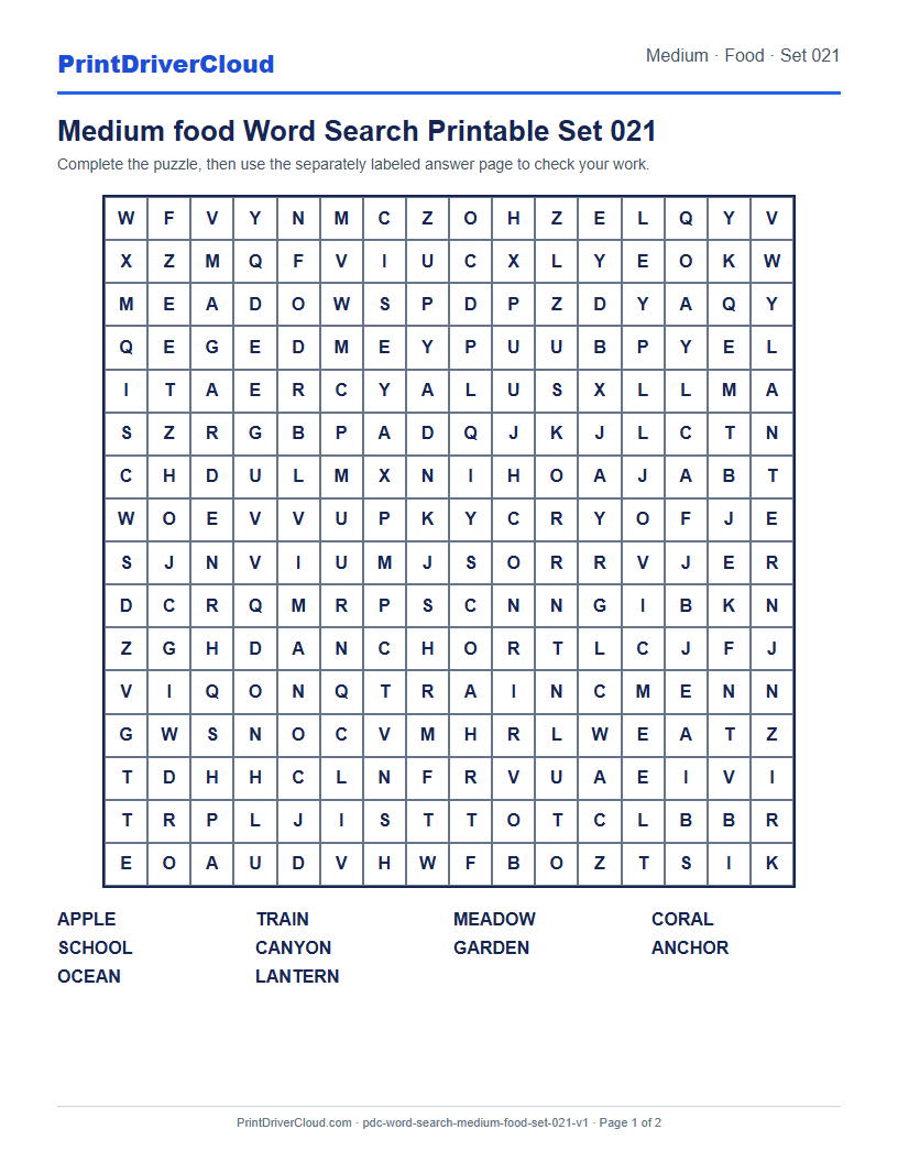 Preview of Medium food Word Search Printable Set 021