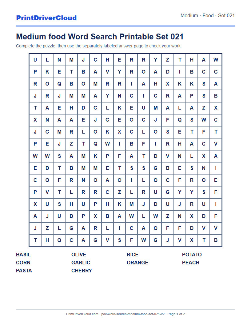 Medium Food Word Search Printable Set 021 preview