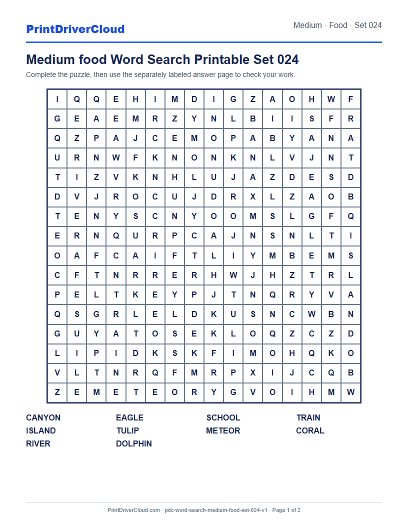 Preview of Medium food Word Search Printable Set 024