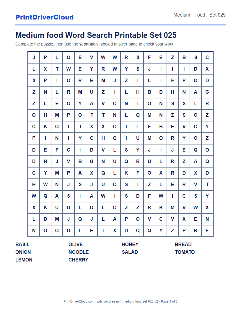 Medium Food Word Search Printable Set 025 preview