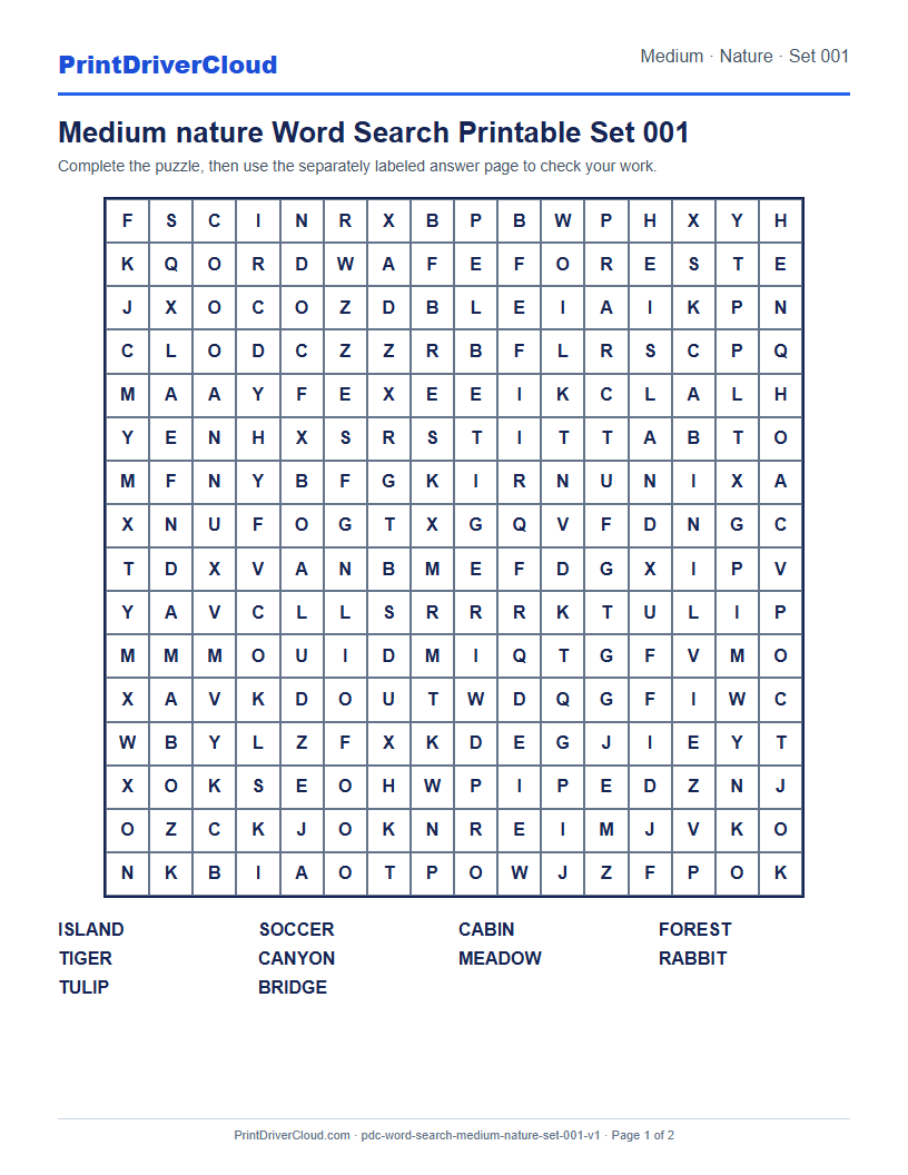 Preview of Medium nature Word Search Printable Set 001
