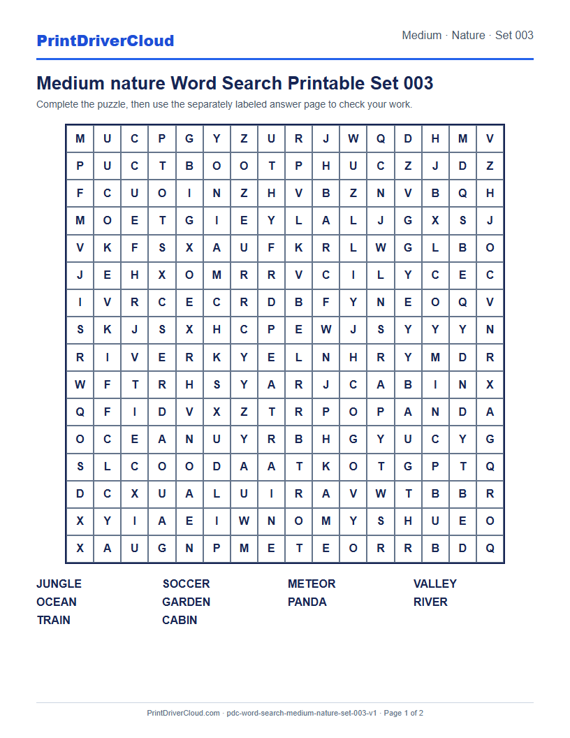Preview of Medium nature Word Search Printable Set 003
