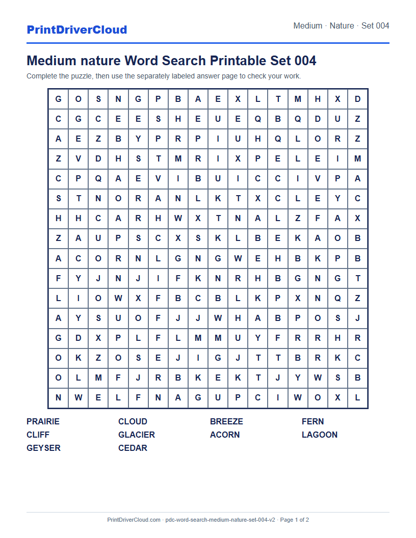Medium Nature Word Search Printable Set 004 preview