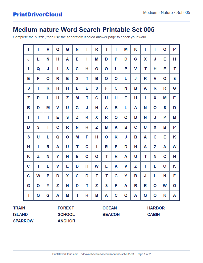 Preview of Medium nature Word Search Printable Set 005