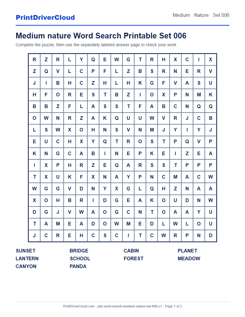 Preview of Medium nature Word Search Printable Set 006