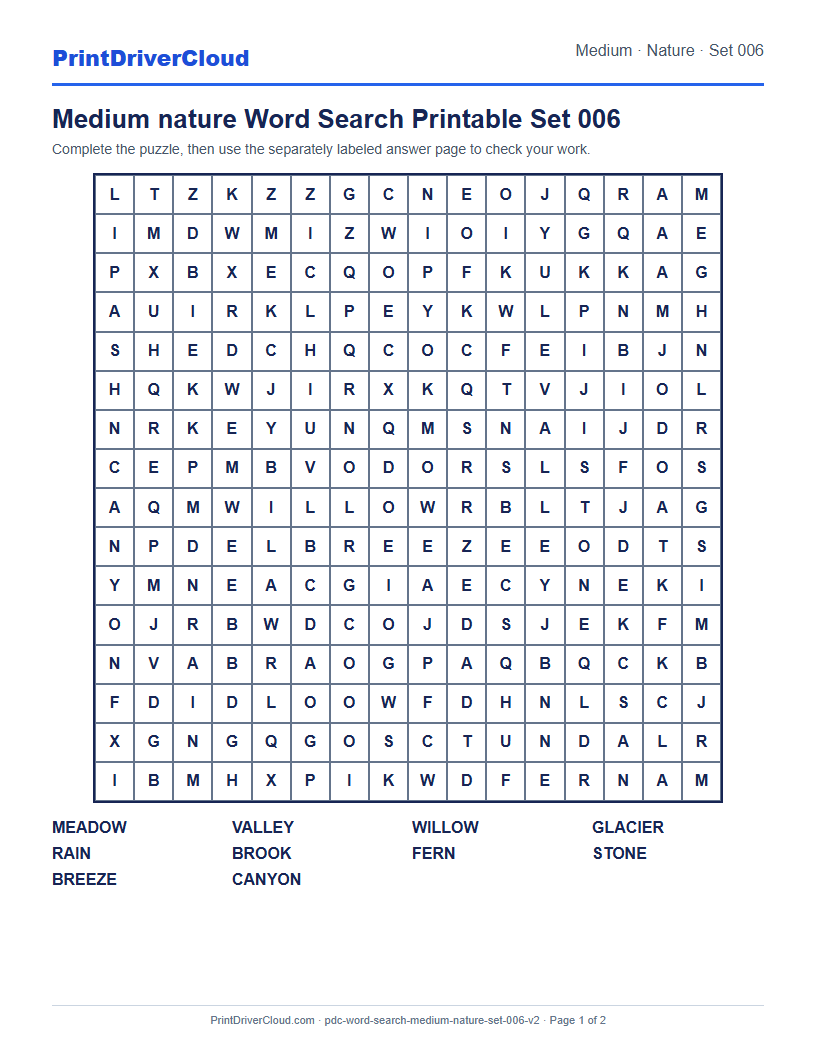 Medium Nature Word Search Printable Set 006 preview