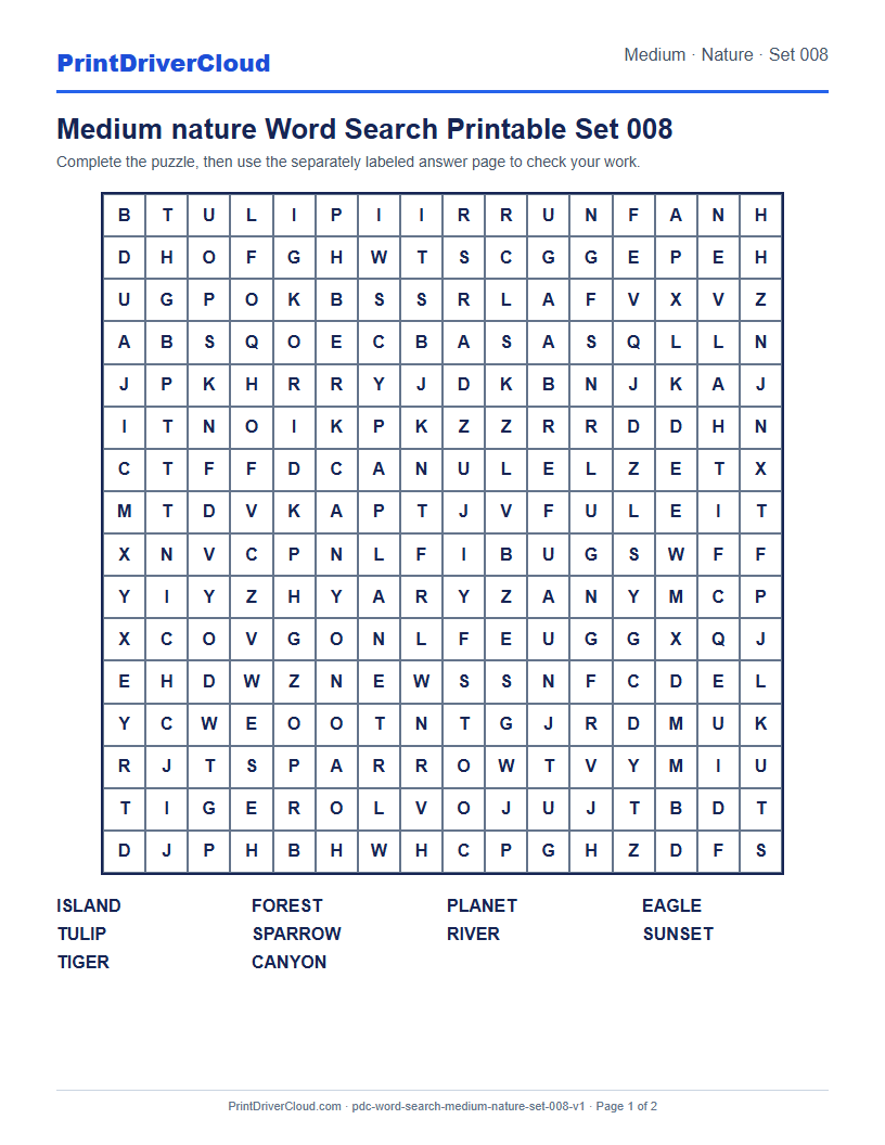Preview of Medium nature Word Search Printable Set 008