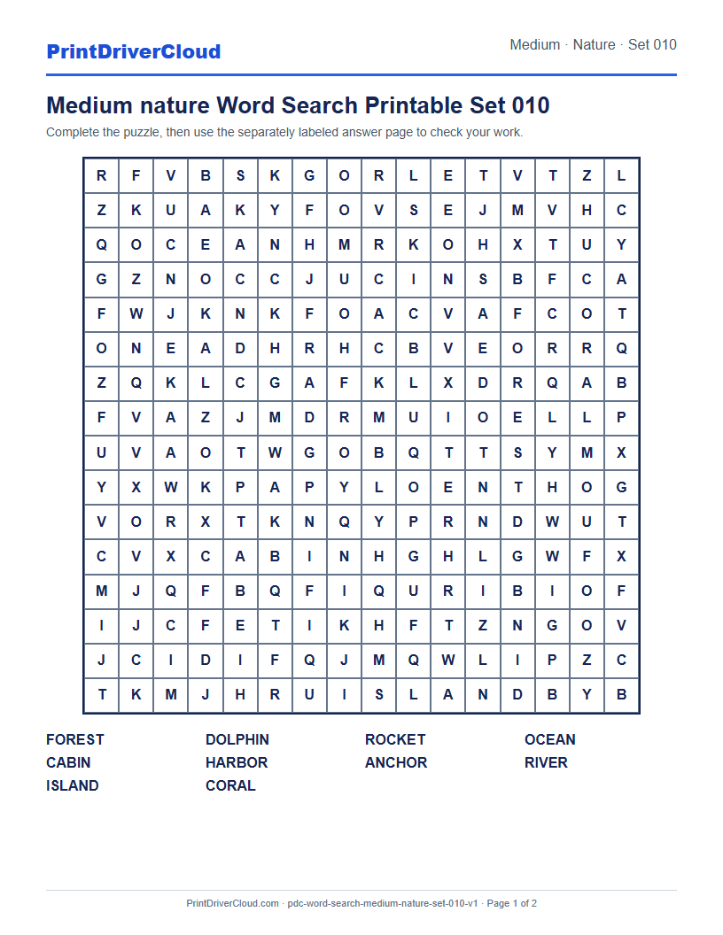 Preview of Medium nature Word Search Printable Set 010