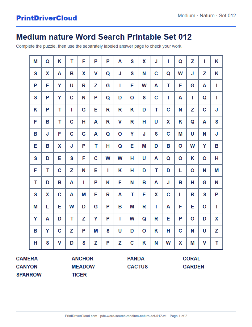 Preview of Medium nature Word Search Printable Set 012
