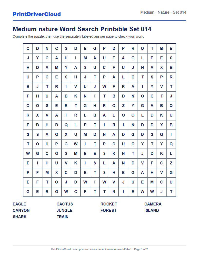 Preview of Medium nature Word Search Printable Set 014