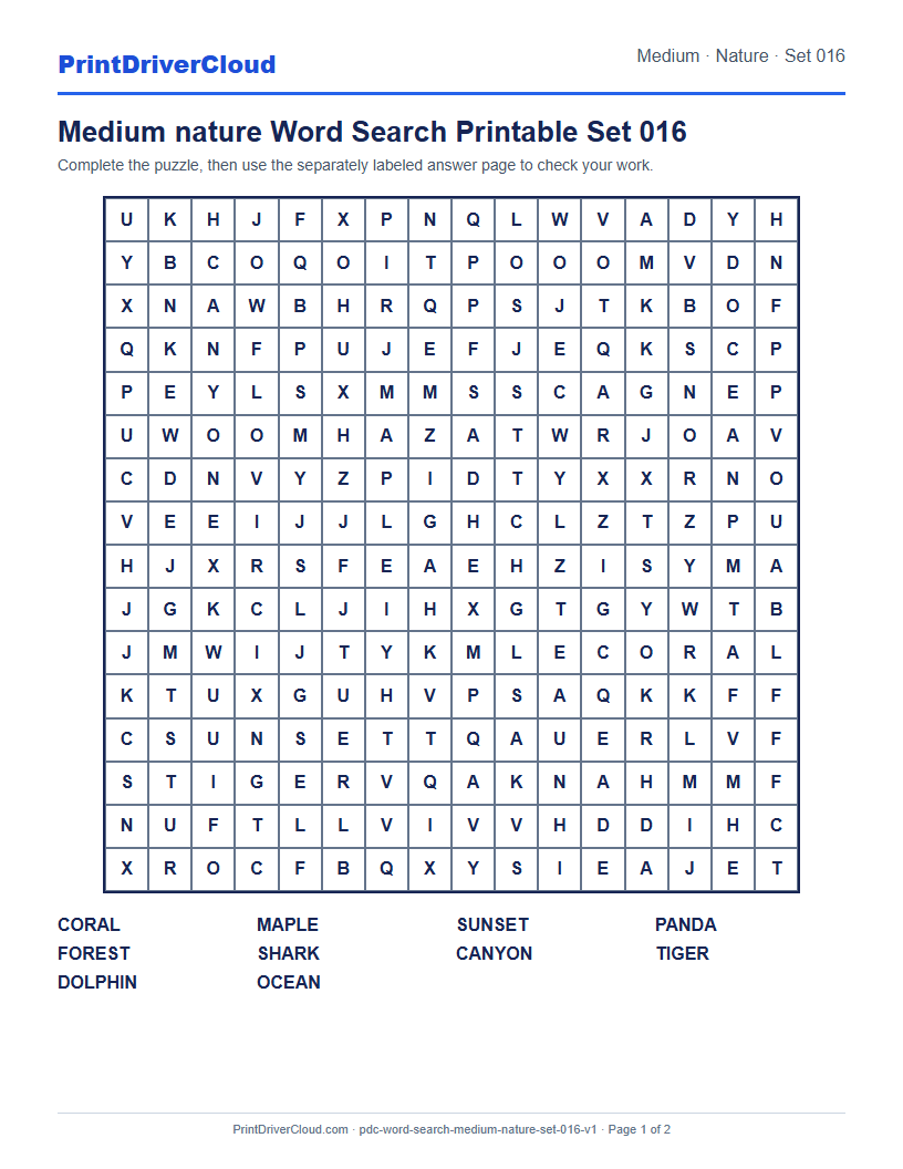 Preview of Medium nature Word Search Printable Set 016