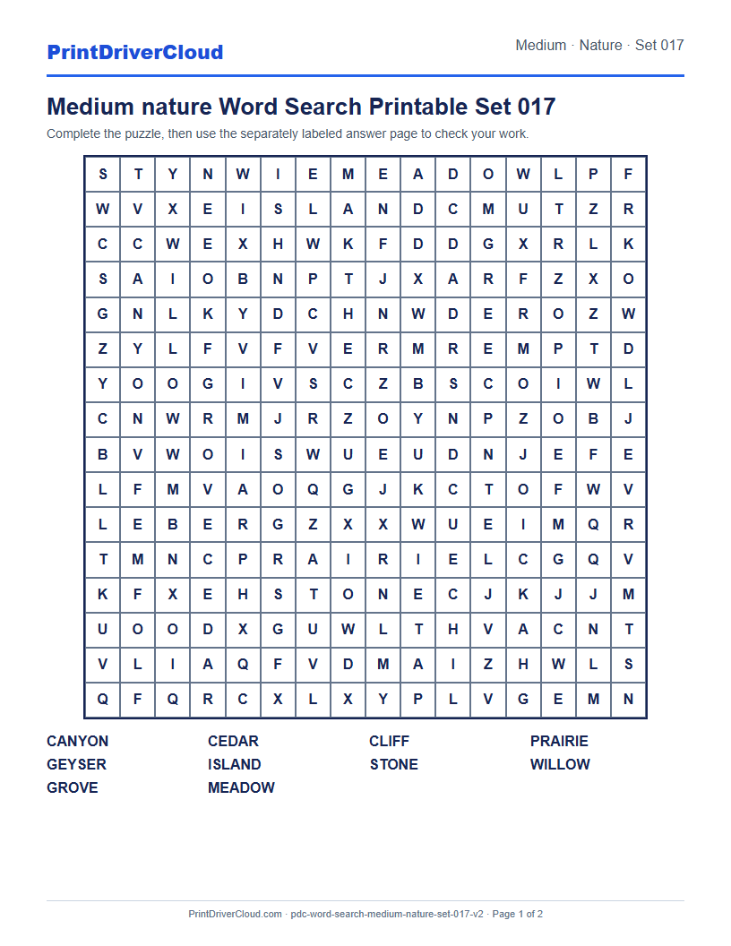 Medium Nature Word Search Printable Set 017 preview