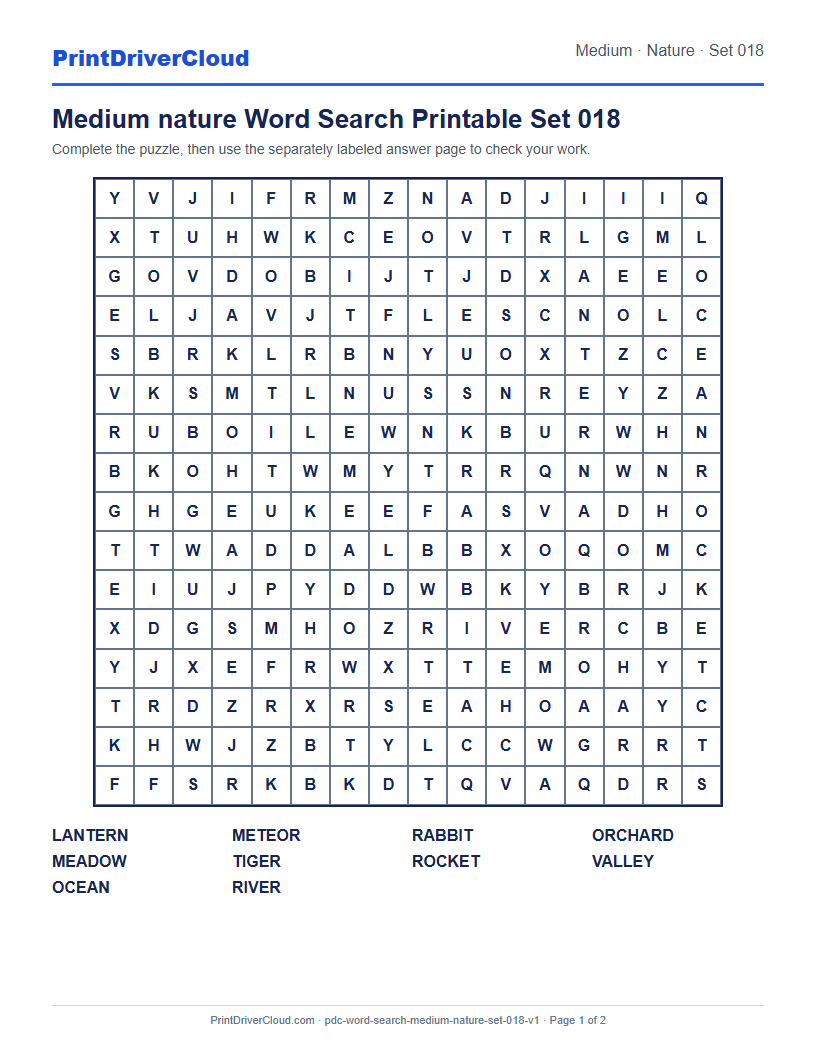 Preview of Medium nature Word Search Printable Set 018
