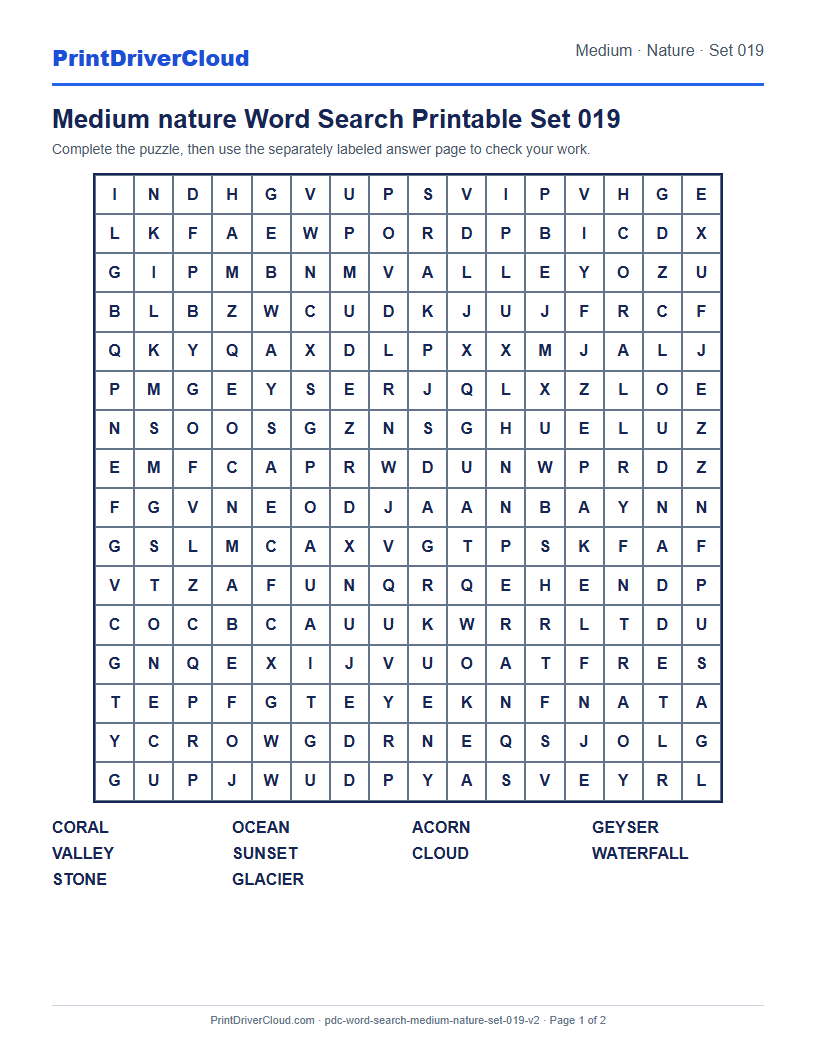 Medium Nature Word Search Printable Set 019 preview