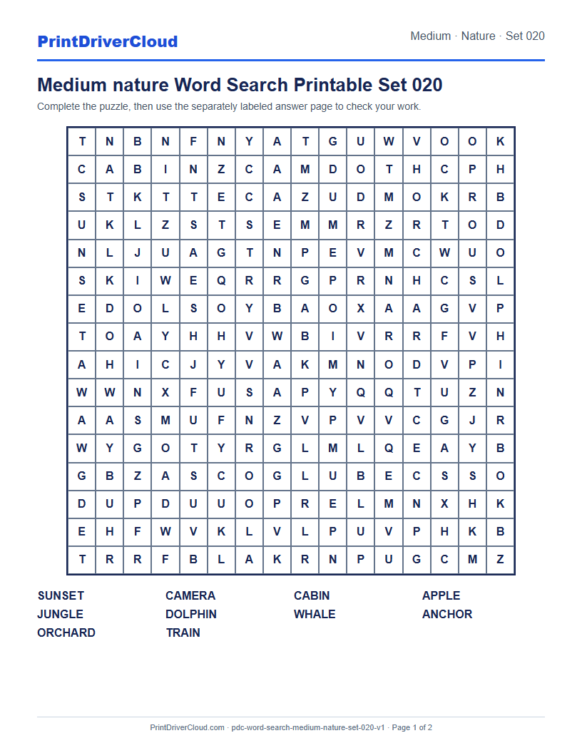Preview of Medium nature Word Search Printable Set 020