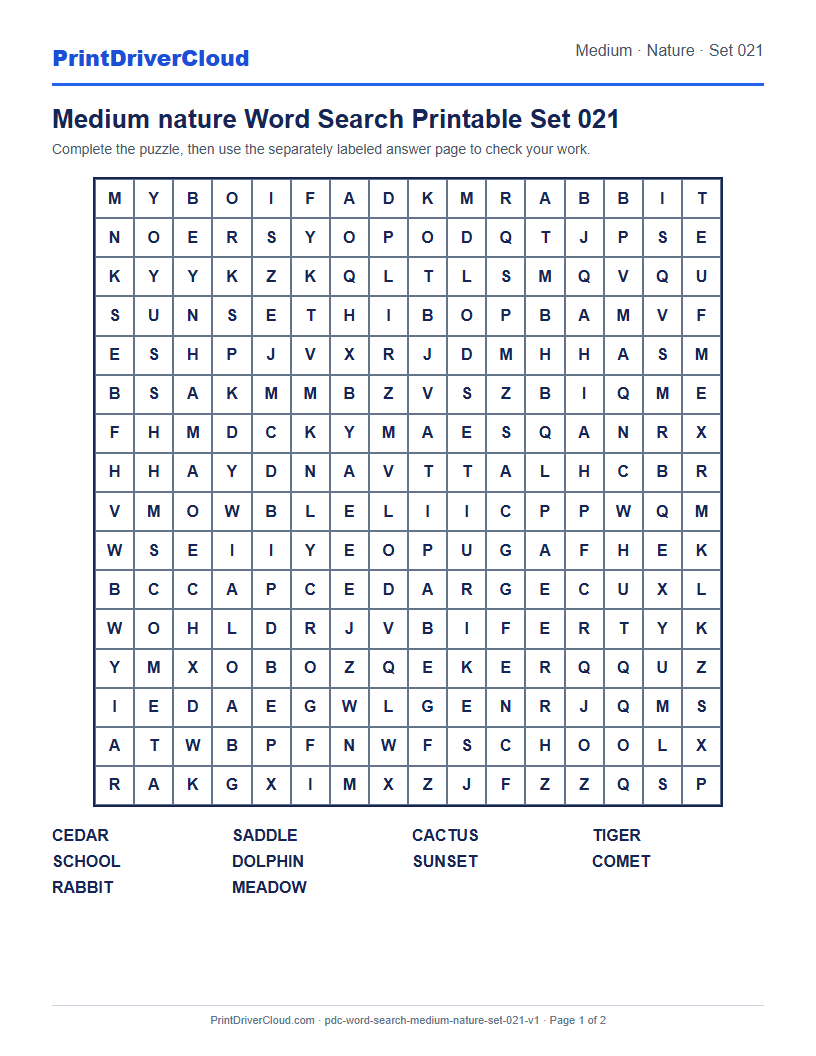 Preview of Medium nature Word Search Printable Set 021