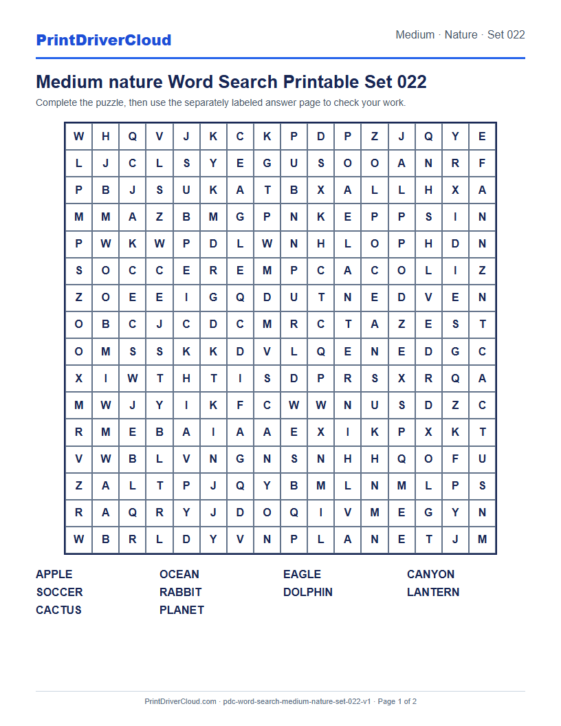 Preview of Medium nature Word Search Printable Set 022