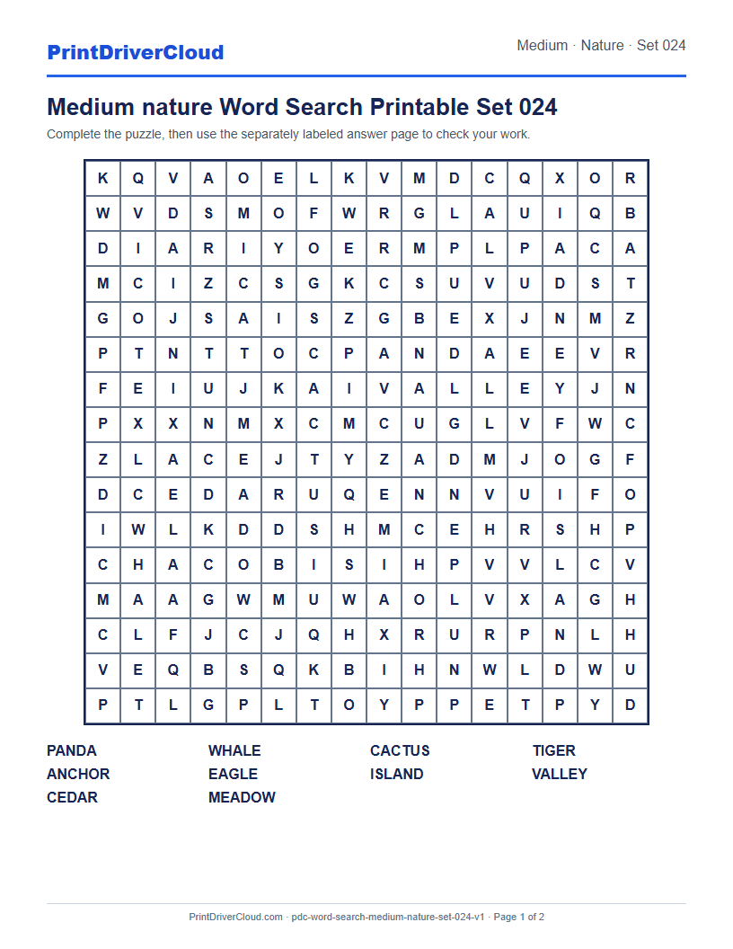 Preview of Medium nature Word Search Printable Set 024