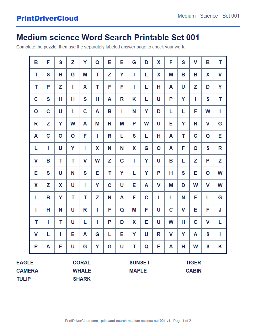 Preview of Medium science Word Search Printable Set 001
