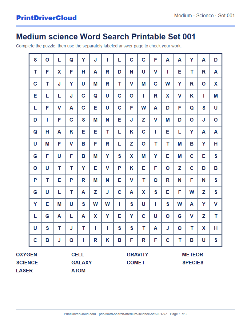 Medium Science Word Search Printable Set 001 preview
