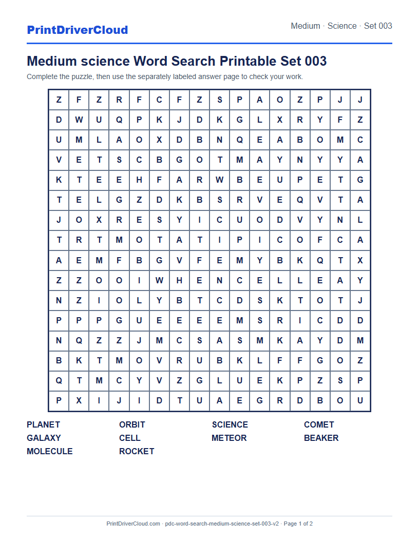 Medium Science Word Search Printable Set 003 preview