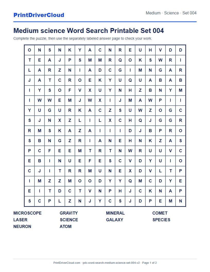 Medium Science Word Search Printable Set 004 preview