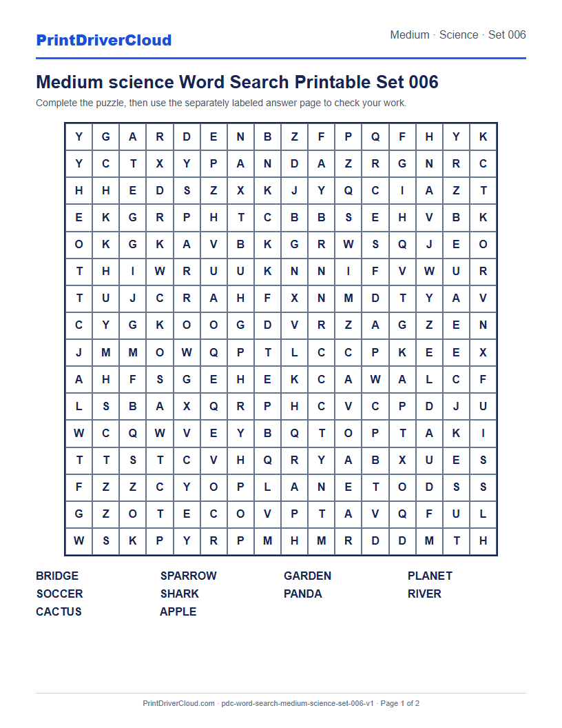 Preview of Medium science Word Search Printable Set 006