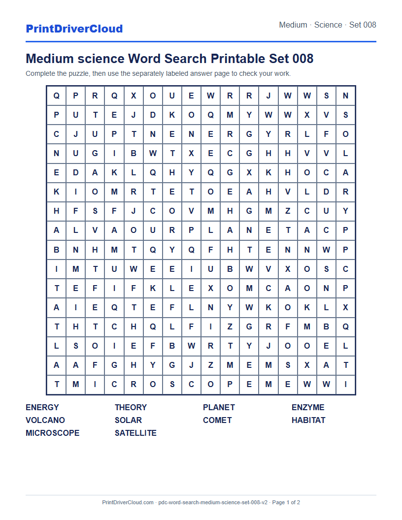 Medium Science Word Search Printable Set 008 preview