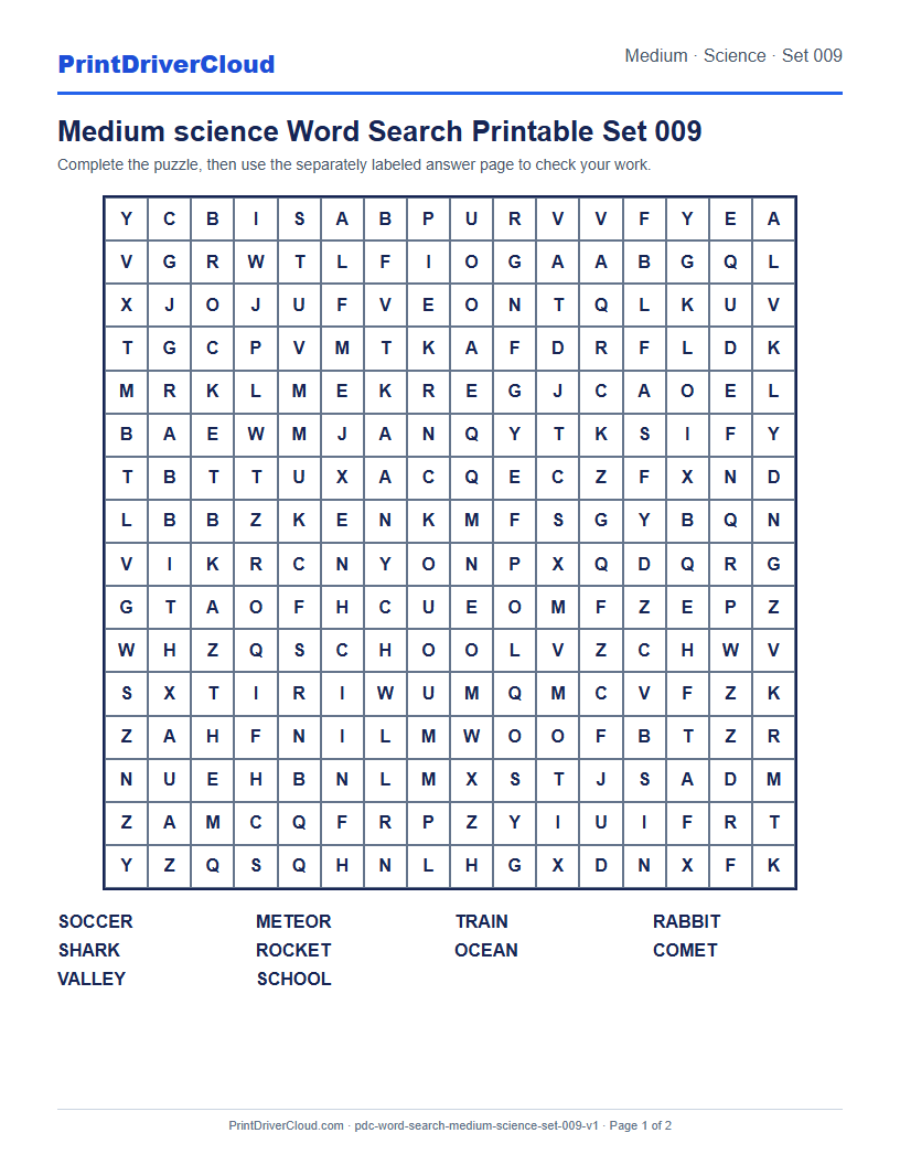 Preview of Medium science Word Search Printable Set 009