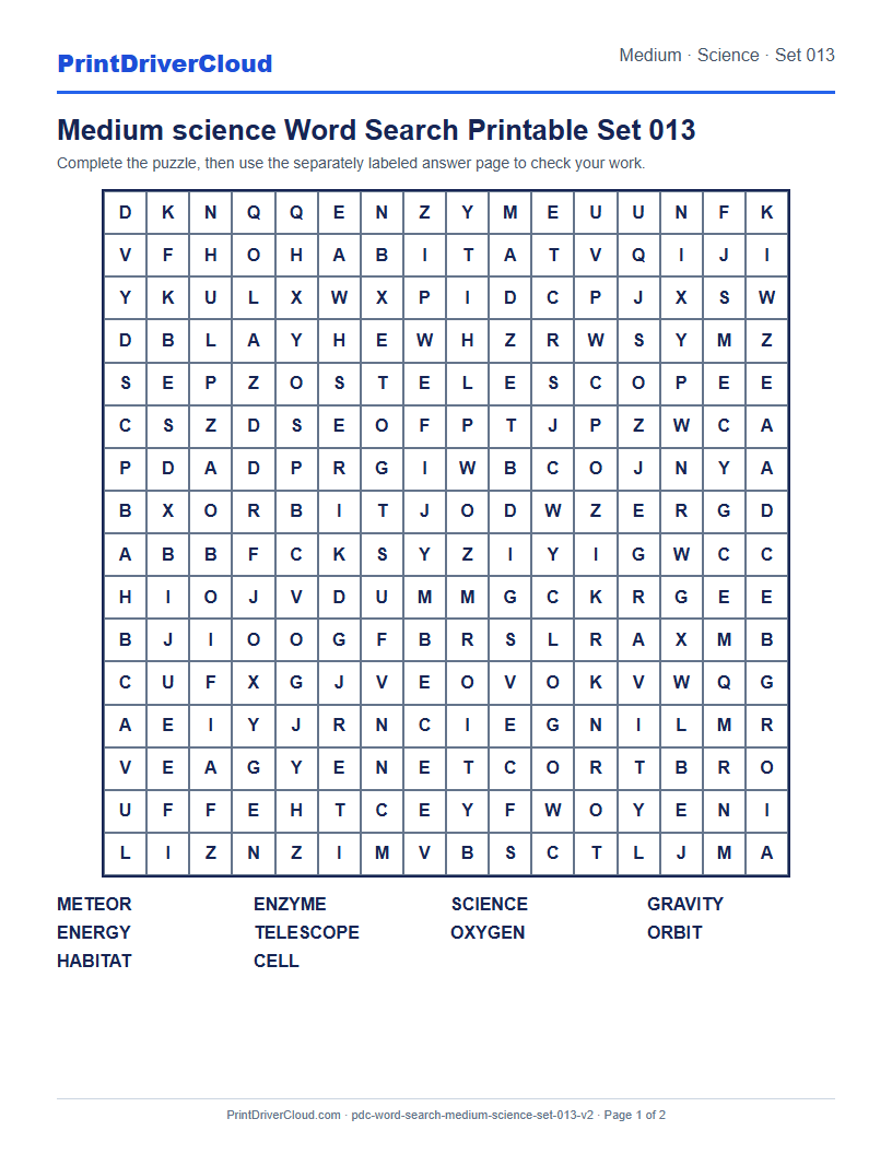 Medium Science Word Search Printable Set 013 preview