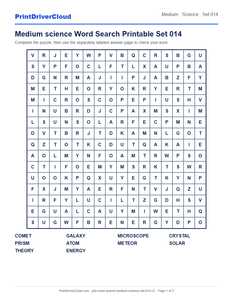 Medium Science Word Search Printable Set 014 preview