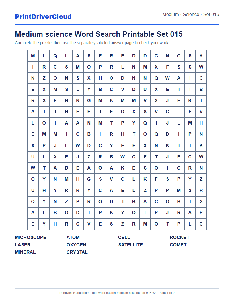 Medium Science Word Search Printable Set 015 preview
