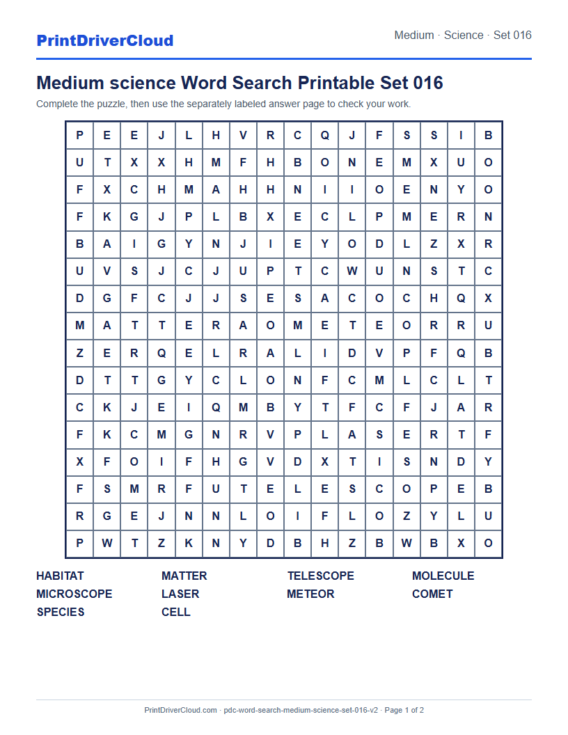 Medium Science Word Search Printable Set 016 preview