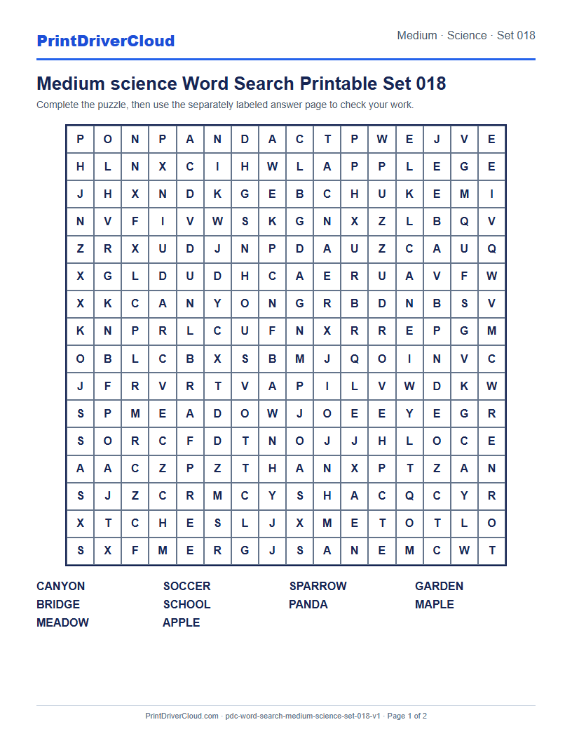 Preview of Medium science Word Search Printable Set 018