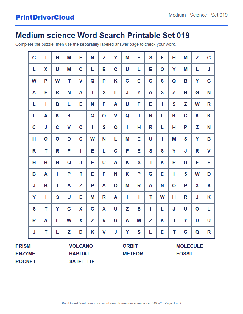 Medium Science Word Search Printable Set 019 preview
