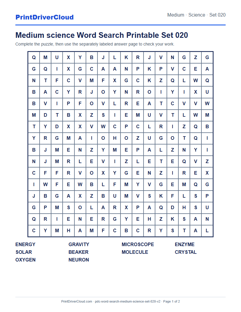 Medium Science Word Search Printable Set 020 preview