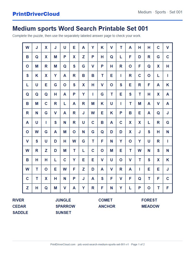 Preview of Medium sports Word Search Printable Set 001