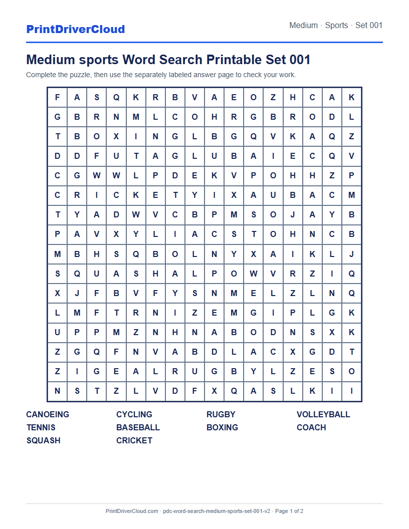 Medium Sports Word Search Printable Set 001 preview