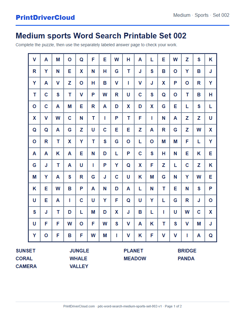 Preview of Medium sports Word Search Printable Set 002