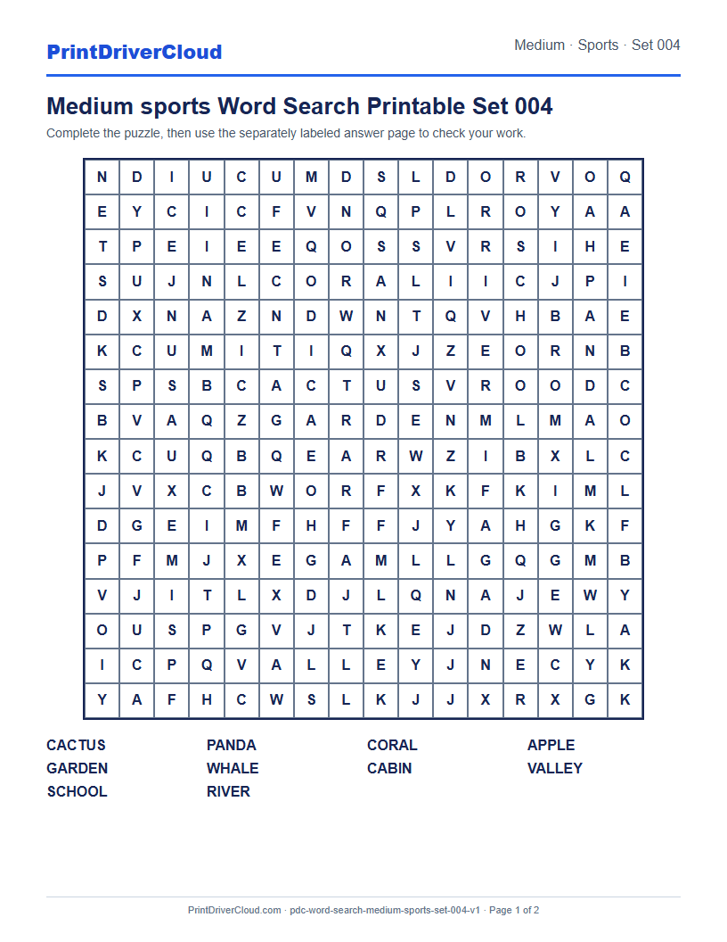Preview of Medium sports Word Search Printable Set 004