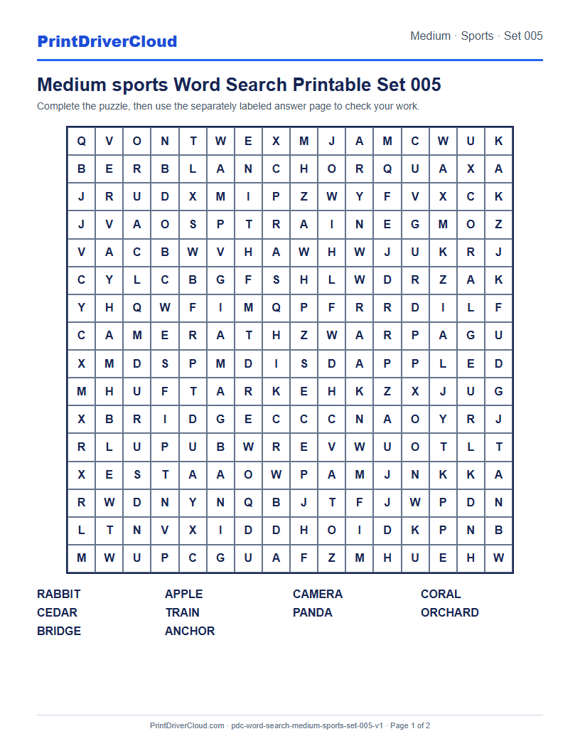 Preview of Medium sports Word Search Printable Set 005
