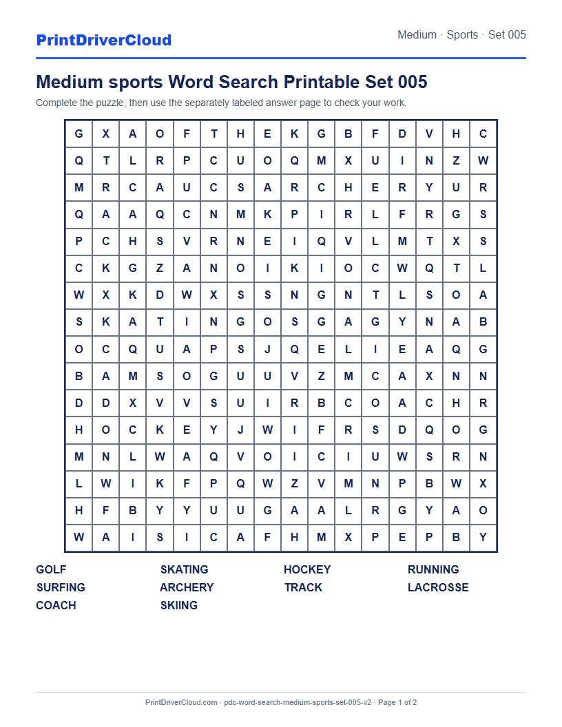 Medium Sports Word Search Printable Set 005 preview