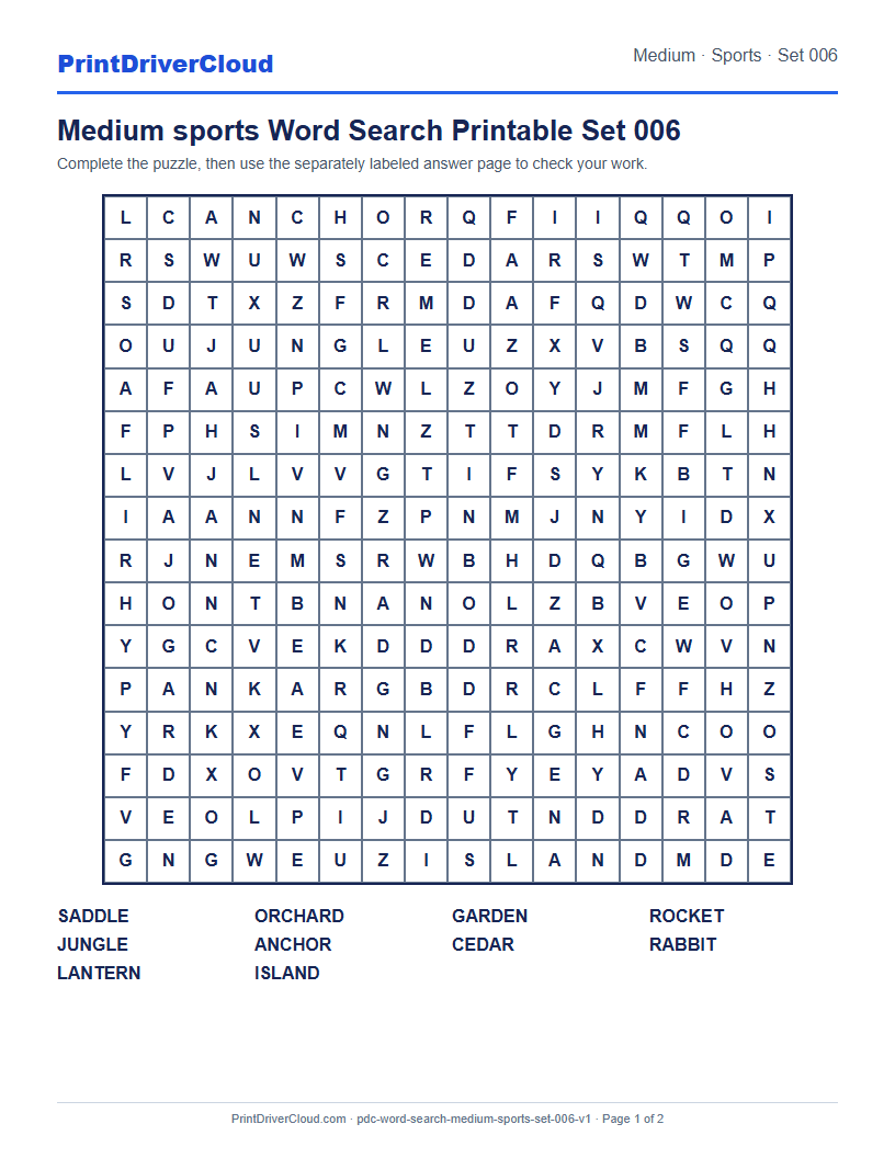 Preview of Medium sports Word Search Printable Set 006